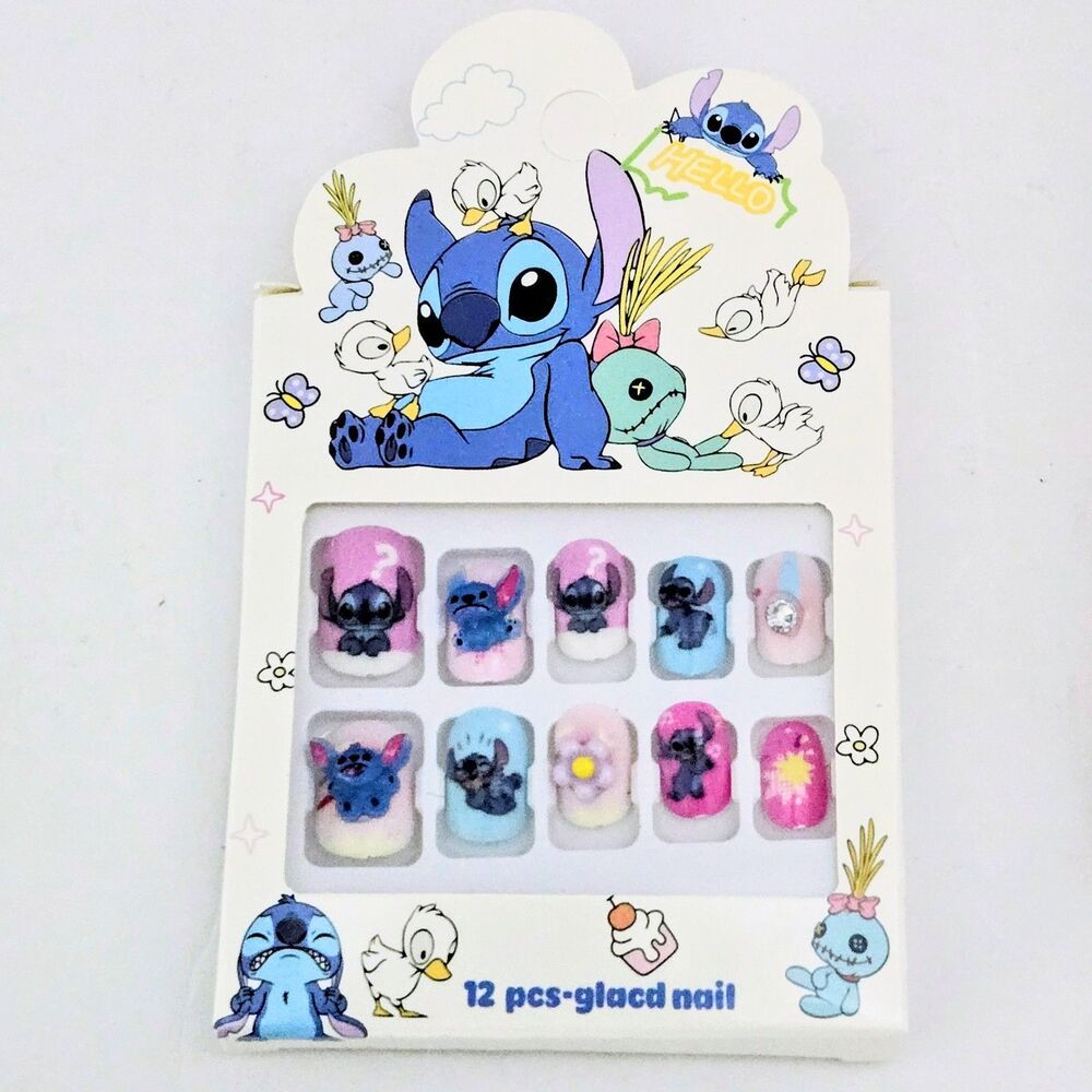PRESS ON NAILS Disney Stitch 3D Art #2 For Kid/Teen *12 Nails Set* with Glue NEW